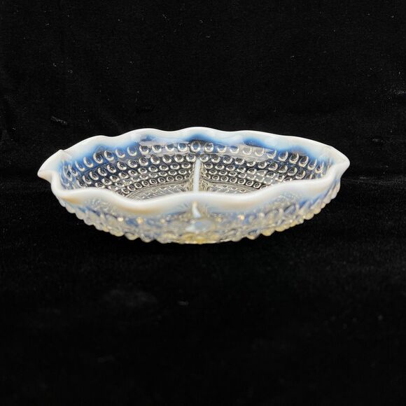 Fenton Hobnail Divided Glass Dish Clear Opalescent Wavy Edge Candy Relish Vtg - Picture 2 of 12